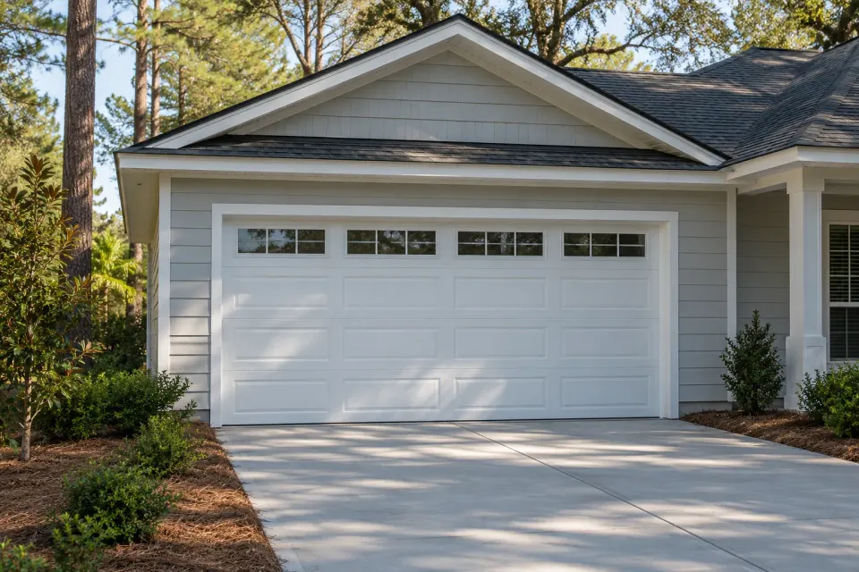 Generated illustration of a residential garage door installation setting.