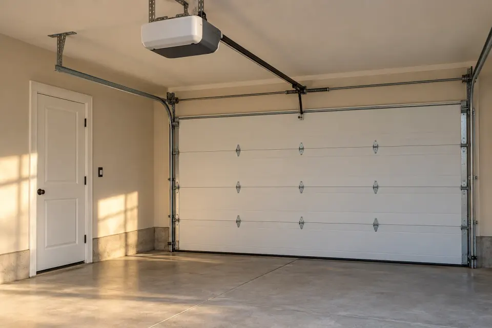 Generated illustration of a residential garage door opener installation setting.