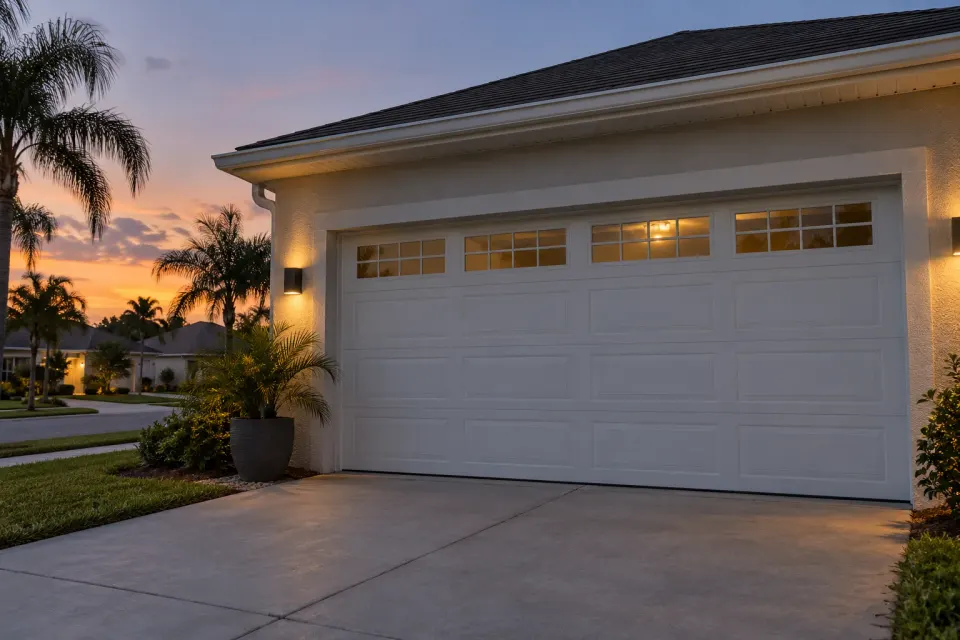 Generated illustration of a residential garage door opener and closed door.
